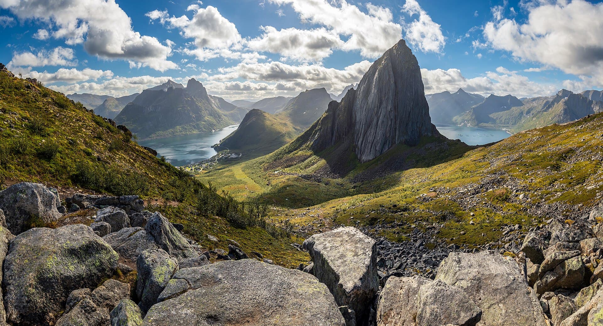 Segla rising between Ørnfjorden and Mefjorden, seen from the Hesten ridge on Senja