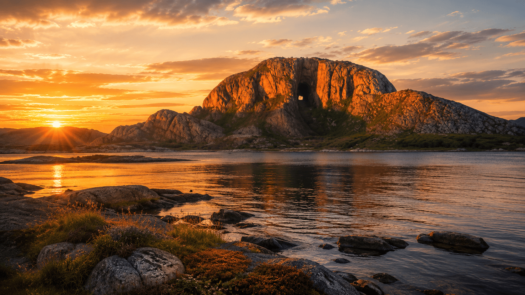 Torghatten mountain above the Helgeland coast in warm sunset light
